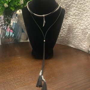 Multi-cord choker and lariat necklace with feather pendant and fringe